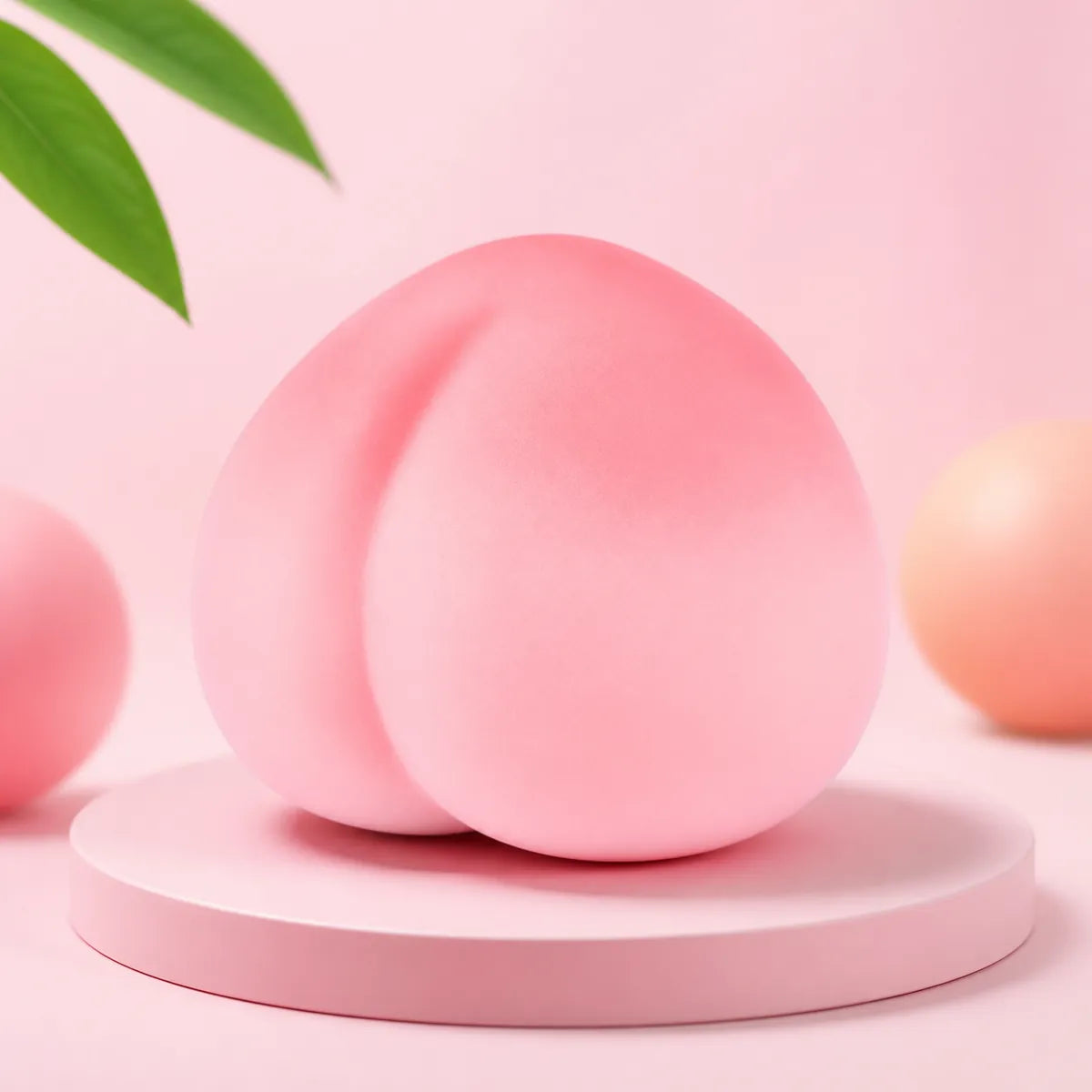 Różowy gniotek squishy w kształcie brzoskwini na różowym podeście