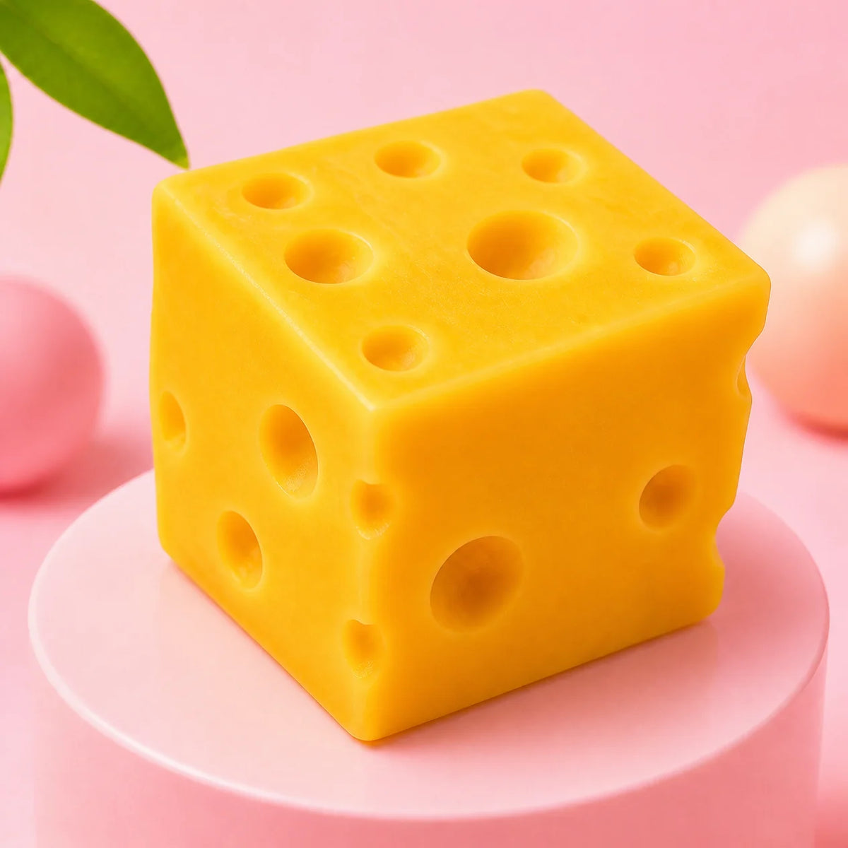 Duży żółty gniotek squishy w kształcie kostki sera z dziurkami na różowym podeście