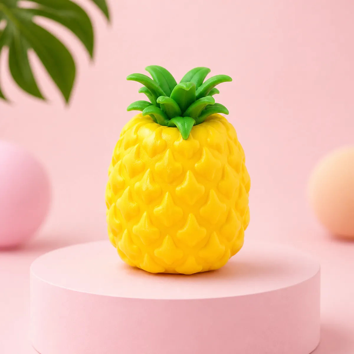 Żółty gniotek squishy w kształcie ananasa z zielonymi liśćmi na różowym podeście