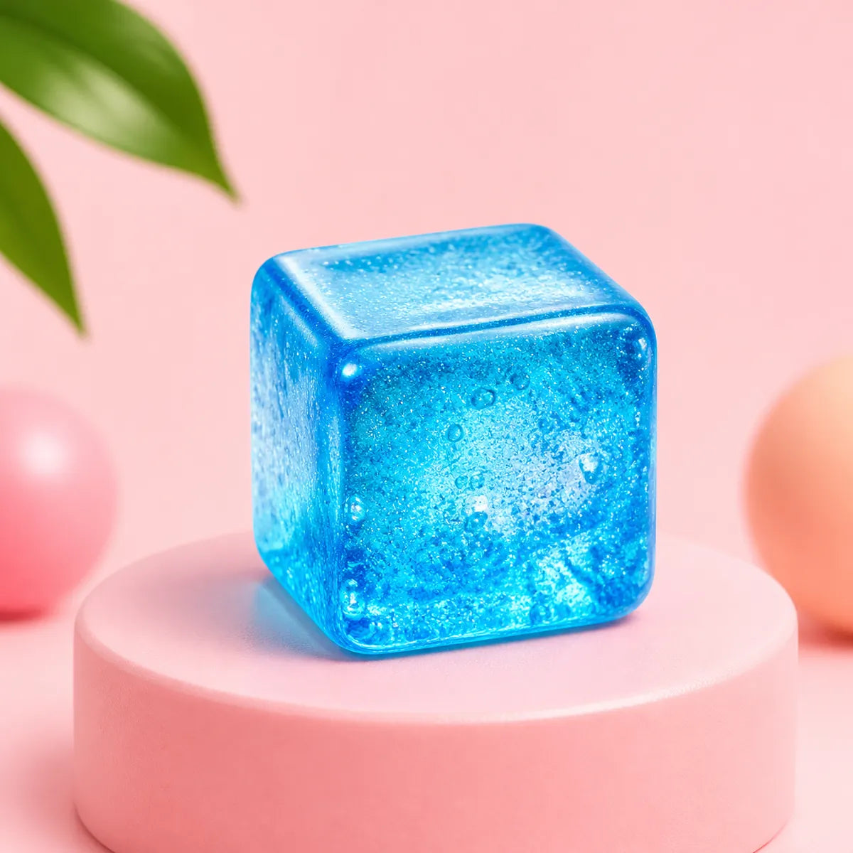 Niebieski przezroczysty gniotek squishy w kształcie kostki lodu na różowym podeście