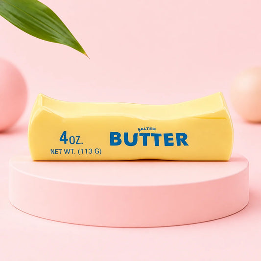 Mały gniotek squishy w kształcie kostki masła 4 oz z napisem Salted Butter na różowym podeście