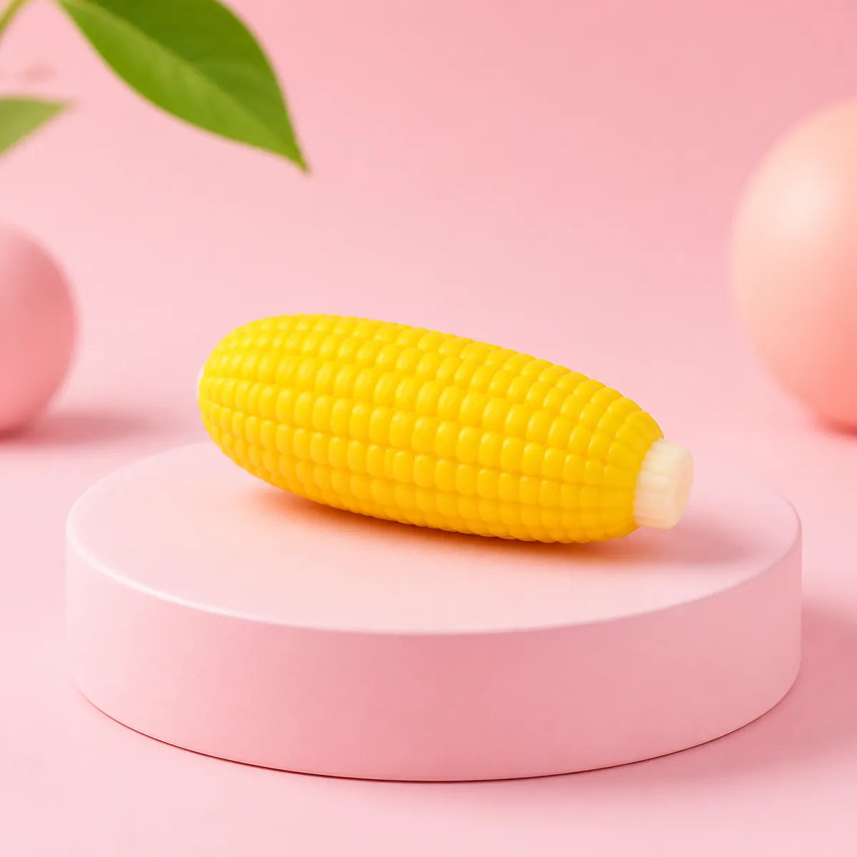 Żółty gniotek squishy w kształcie kolby kukurydzy na różowym podeście