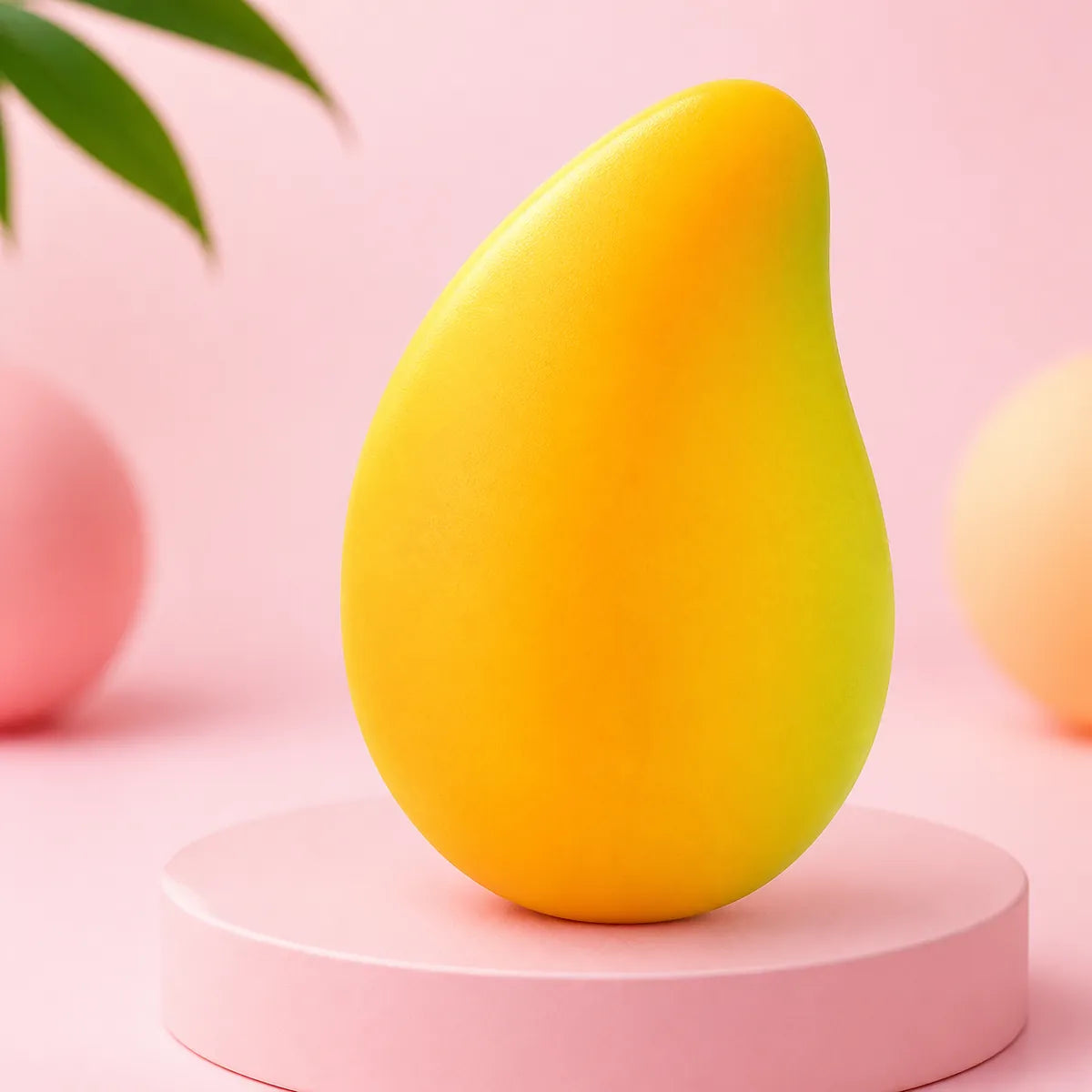 Żółto-pomarańczowy gniotek squishy w kształcie mango na różowym podeście