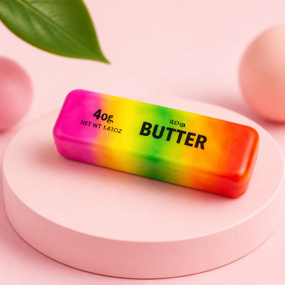 Tęczowy gniotek squishy w kształcie kostki masła z napisem Butter na różowym podeście