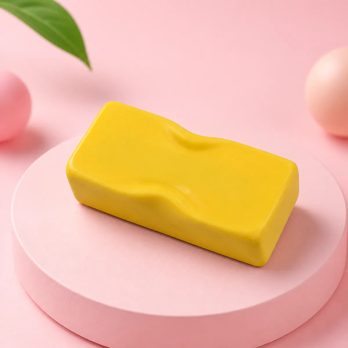 Żółty falowany gniotek squishy w kształcie kostki masła na różowym podeście