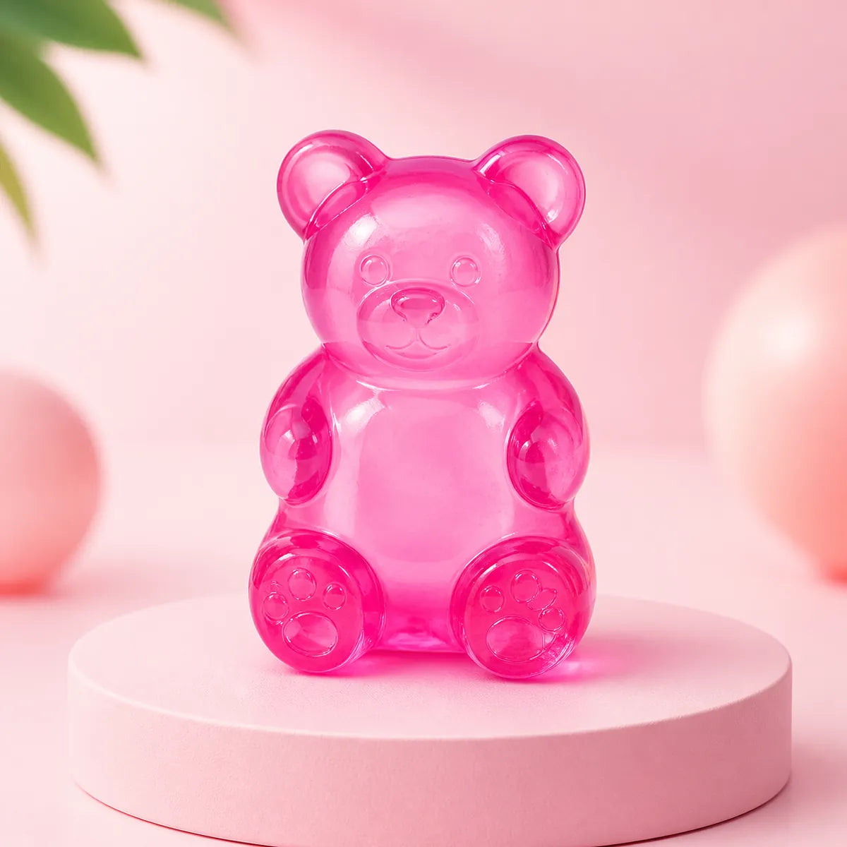 Różowy przezroczysty gniotek squishy w kształcie żelowego misia na różowym podeście