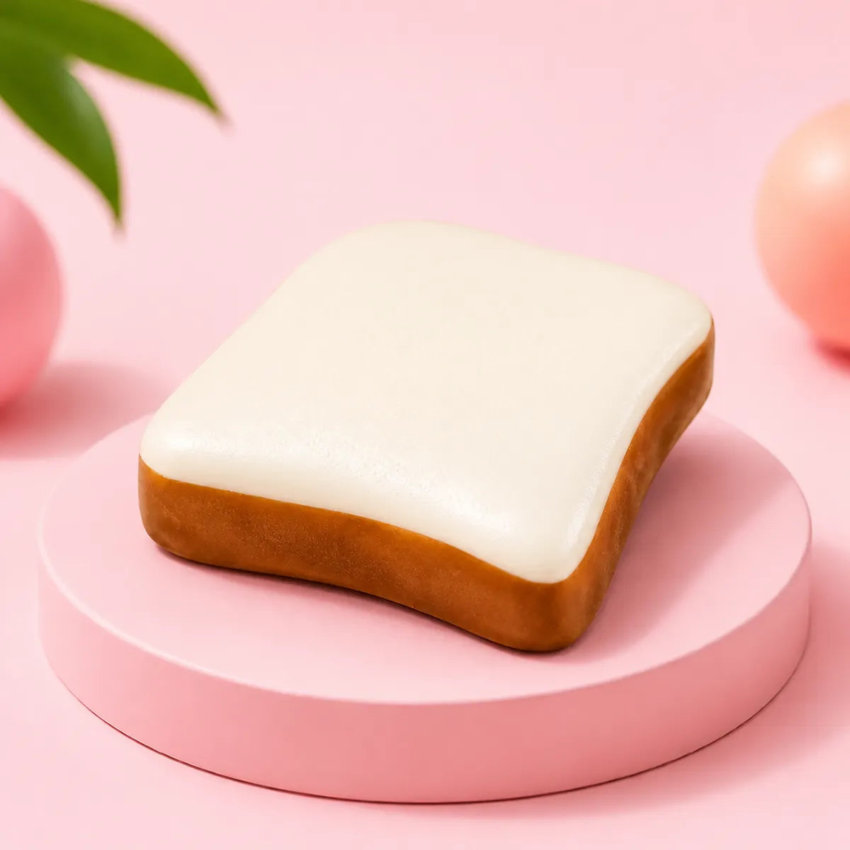 Biały gniotek squishy w kształcie tosta z kremową górą i brązową skórką na różowym podeście