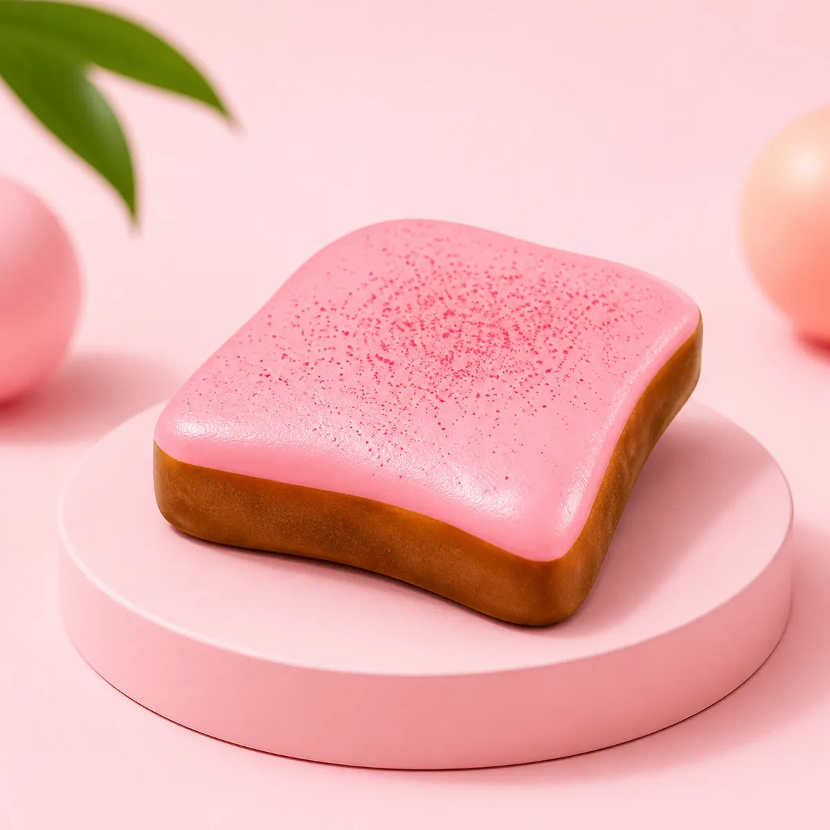 Gniotek squishy w kształcie tosta z różową polewą na różowym podeście
