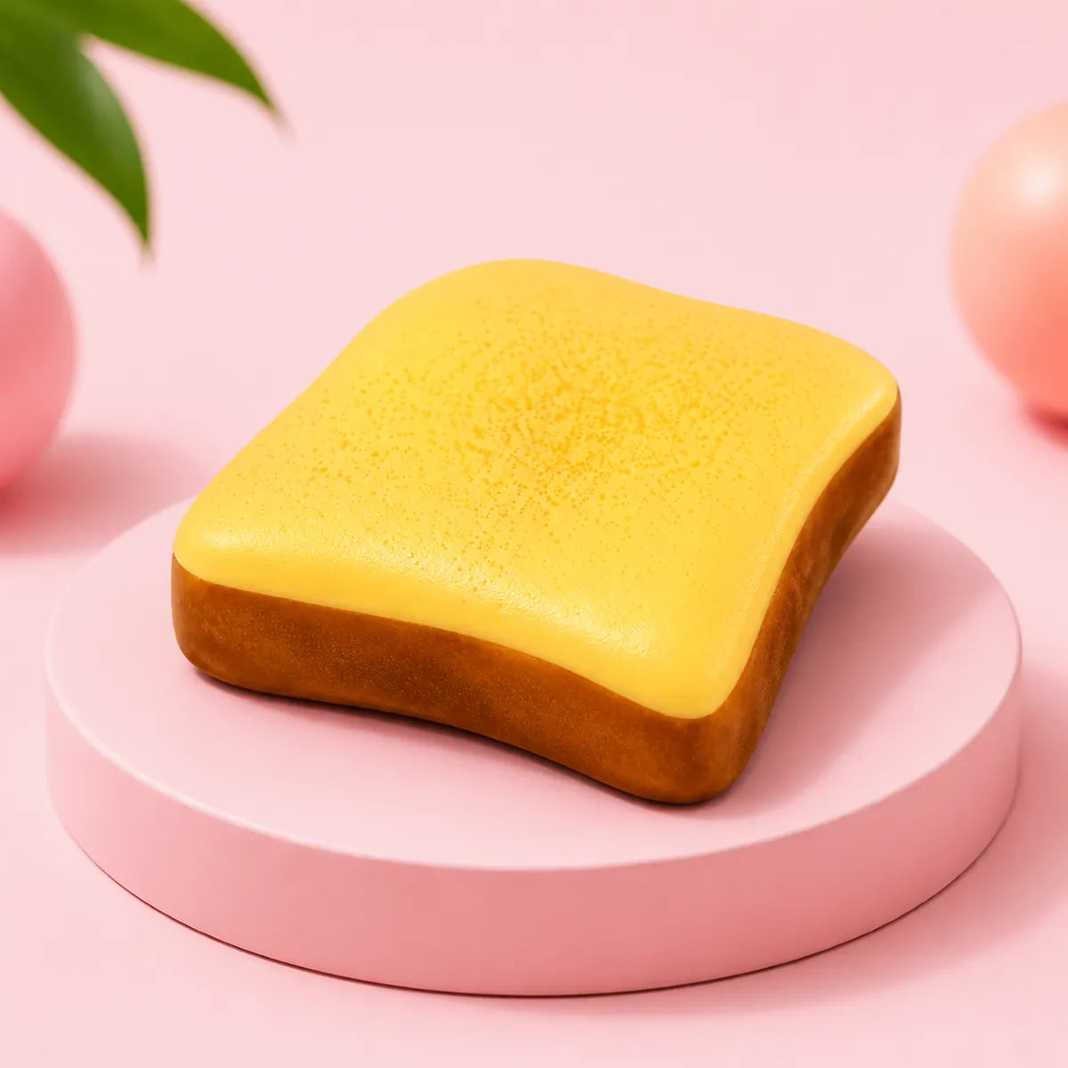 Żółty gniotek squishy w kształcie tosta z brązową skórką na różowym podeście