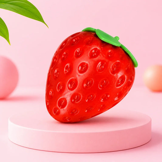 Czerwony gniotek squishy w kształcie truskawki z zieloną szypułką na różowym podeście