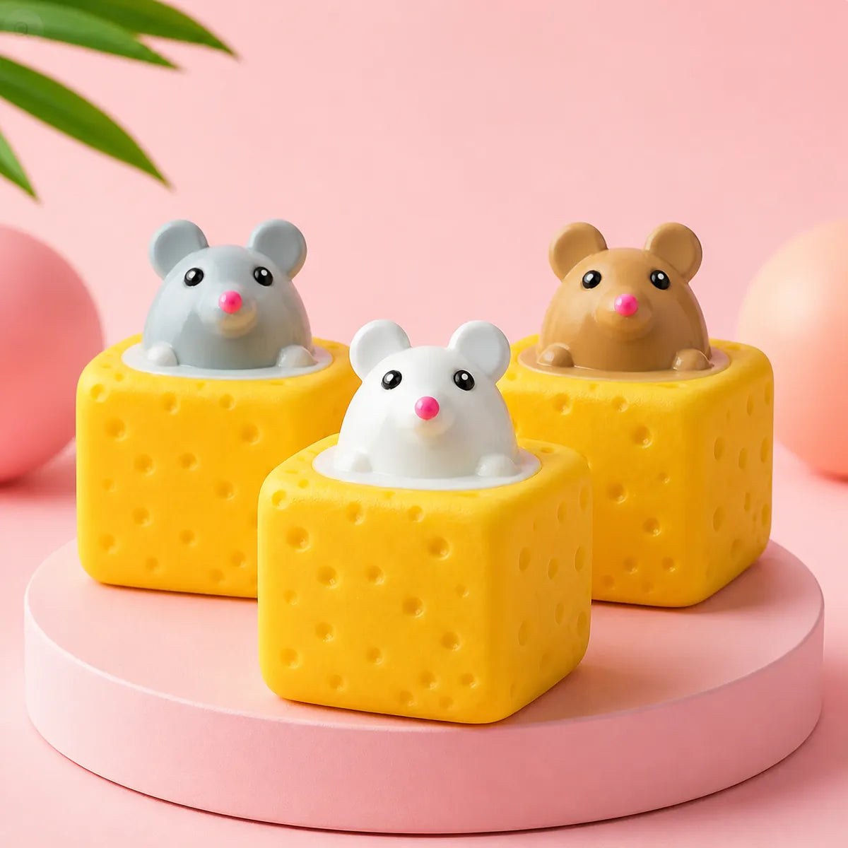 Trzy gniotki squishy w kształcie kostek sera z myszkami wyglądającymi z góry: białą, szarą i brązową, na różowym podeście