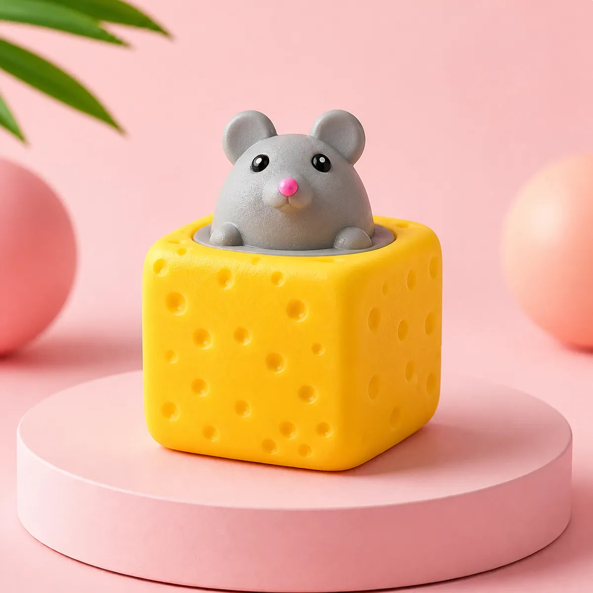Żółty gniotek squishy w kształcie kostki sera z szarą myszką wyglądającą z góry na różowym podeście