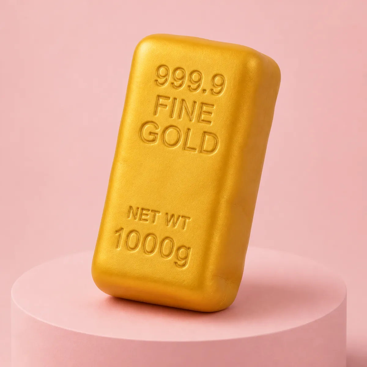 Złoty gniotek squishy w kształcie sztabki złota z napisem 999.9 Fine Gold na różowym podeście